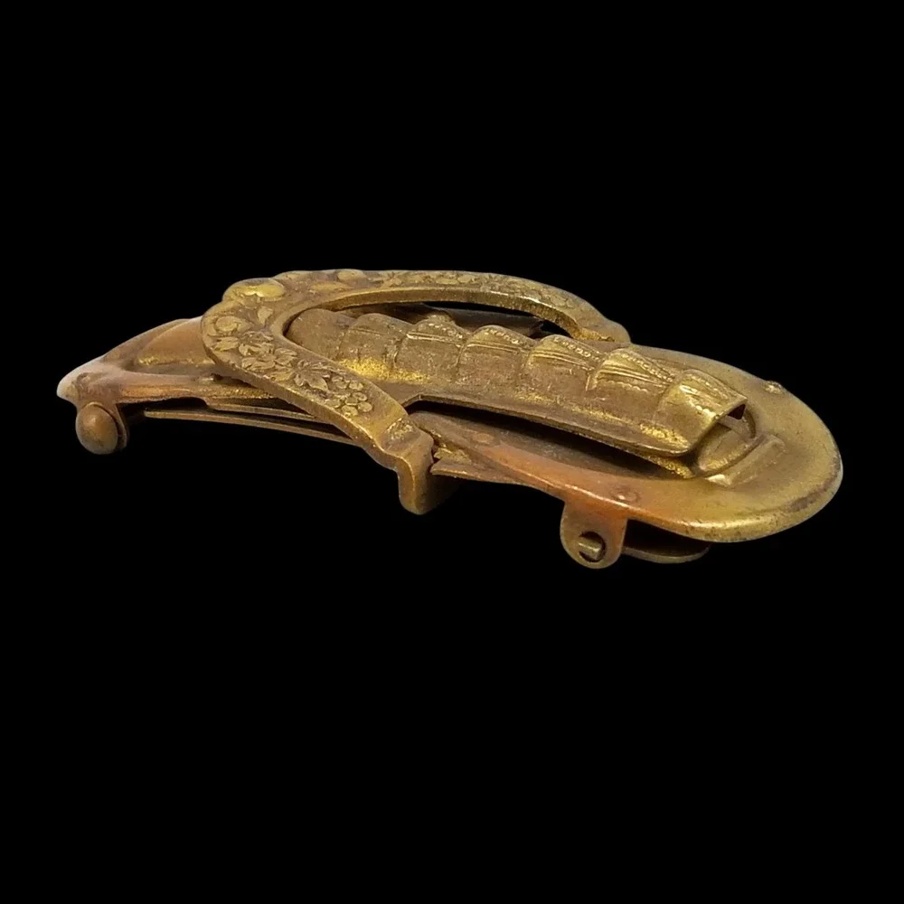 Antique Victorian Brass Horseshoe Floral Belt Buckle 2 Piece Pat 1900‎ Gold Tone